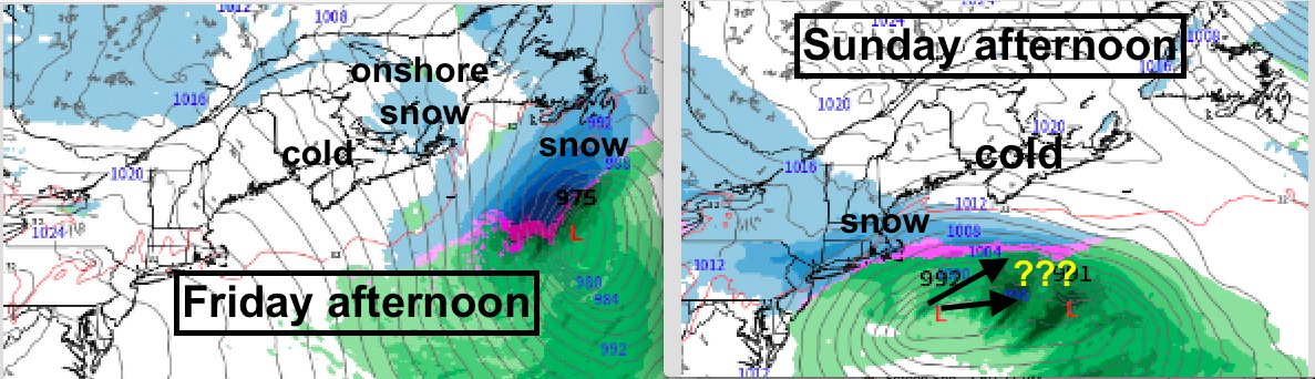 YHZweatherguy's tweet photo. Storm watch: fine next 3 days. 
Snow from a storm passing south NS Friday may be a miss; a COLD north flow with onshore Gulf snow the most likely outcome.
On Sunday another storm approaches; cold air may keep snow to south?
Next Wed's storm forecast to be wind &amp; rain?
Stay tuned. https://t.co/9yEphgPoHB
