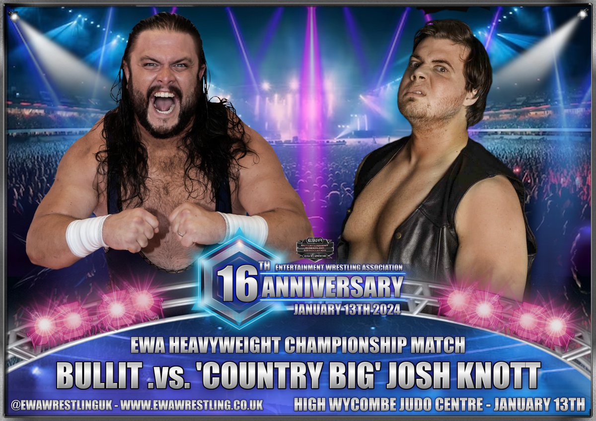 The EWA Heavyweight Championship is on the line, when Country Big Josh Knott steps up to the challenge against Bullit! Can Knott do what no one has has been able to and dethrone the Champion?
ewawrestling.co.uk for tickets.