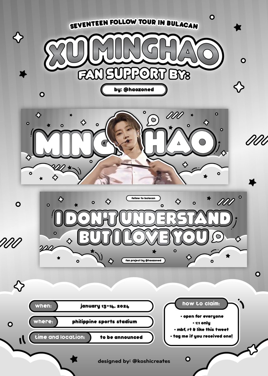 🎱 follow to bulacan freebies 🎱

xu minghao fan support by <a href="/haozoned/">‎zandy 𖤐</a>

"you know, there are more important things than words between us, right?"

see you on both days, caratdeul! 🩶

#FOLLOW_TO_BULACAN
#FOLLOW_TOUR_IN_BULACAN