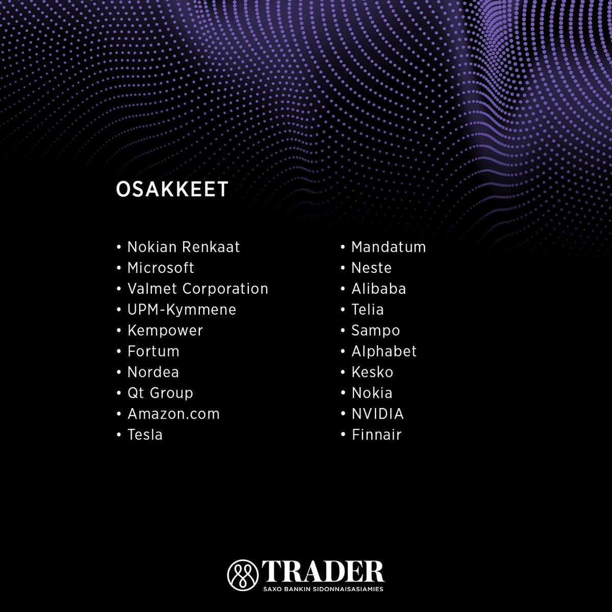 mandatum_trader's tweet photo. Vuosi 2023 on saatu päätökseen ja on aika paketoida kuluneen vuoden vaihdetuimmat sijoituskohteet. Mitkä osakkeet ja ETP:t kiinnostivat Traderin sijoittajia? 🔍

Katso tästä treidatuimpien kohteiden listat. Kohteet on listattu satunnaisessa järjestyksessä.

#Trader #sijoittaminen https://t.co/D5kkNpRkFX