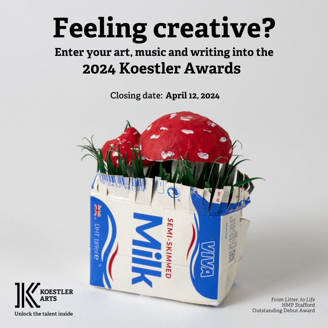 The 2024 #KoestlerAwards are now open for entries! 🎨 For entry forms, guidance notes and FAQs head to our website - koestlerarts.org.uk/get-involved/k… 📅The deadline is 12 APRIL 2024 Good luck to all our entrants, and thank you to the staff supporting them ✨