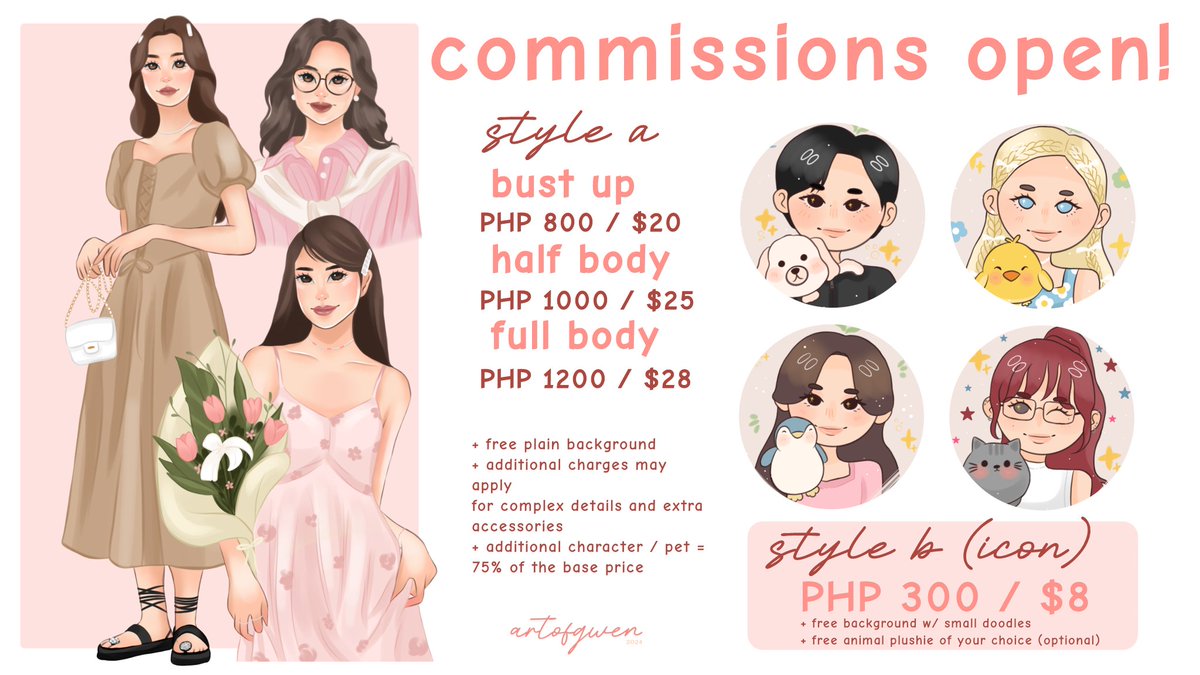 matchaberiii's tweet photo. 🌷 C♡MMISSIONS OPEN 🌷
[likes/rts are highly appreciated]

hello, it's Gwen and i'm open for c♡mmissions! proceeds will go to my tuition fee &amp; uni allowance.

🌷 5 slots only
🌷 5% off (returning client)
💌 https://t.co/Bo423ssWpo

#artph #artistsontwitter #ArtistOnX #artmoots https://t.co/NG9d4jc7OD