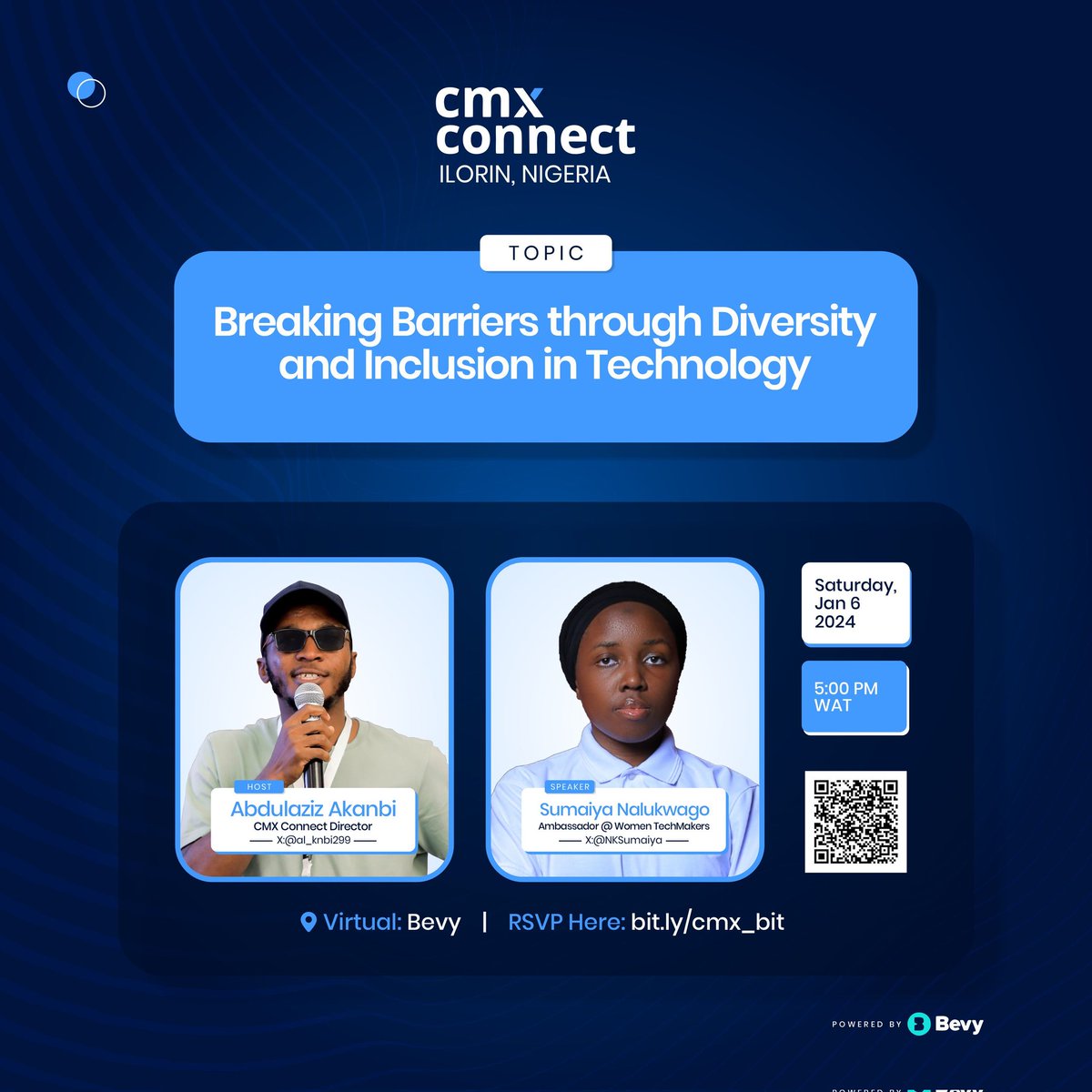 CMX is here again! This time with a groundbreaking session.

Featuring: Guest Speaker @NKSumaiya Ambassador @WomenTechmakers

Register here:
Bit.ly/cmx_bit 

#Techinclusion #cmxconnect #cmx_ilorin #community #bevy #cmx #TechDiversity