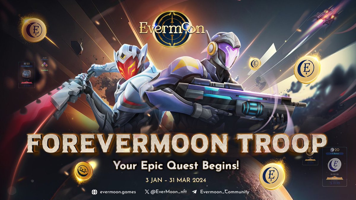 EverMoon_nft's tweet photo. "ForEvermoon Troop" Challenge! 

🏆 Every Task Rewards You with $EVM Tokens!
 
Seize this exclusive opportunity where every effort gets rewarded. ✨ Secure your spot now: https://t.co/lPP4dTjdtQ

⏰ For a limited time only, from Jan 3 - Mar 31, 2024, join an epic, once-in-a-lifetime gaming quest with Evermoon! 
👉 Discover more and claim your destiny! https://t.co/K7jvpa2ED5

#ForEvermoonTroop #Quest #Airdrop