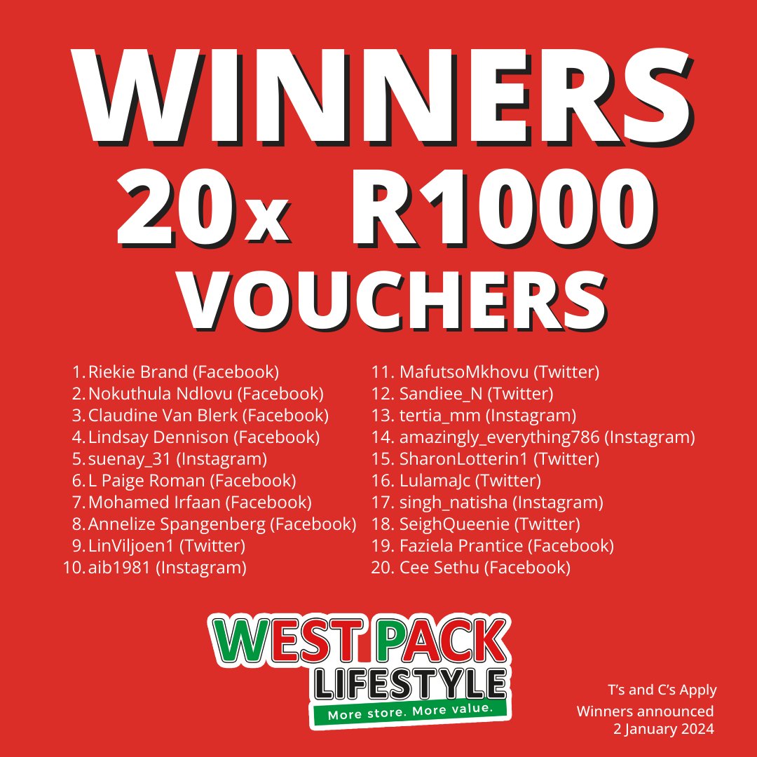 OUR NEXT 20x R1,000.00 Winners ⬇️⬇️

Please download the West Pack App, register & send the email address you used to register with ❤️💚 

@LinViljoen1 
@MafutsoMkhovu
@Sandiee_N
@SharonLotterin1 
@LulamaJc 
@SeighQueenie 

+ More on Facebook & Instagram blog.westpacklifestyle.co.za/west-pack-life…