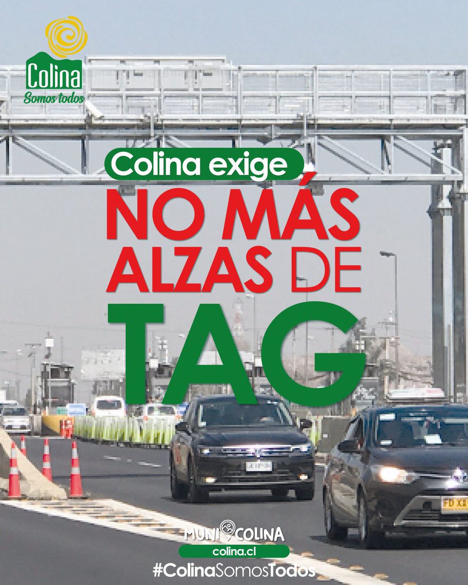 No más alzas de TAG en autopistas. Afecta seguridad en Colina con deficiente iluminación y cámaras. MOP debe poner fin a estos aumentos y exigir mejoras para nuestros vecinos.
<a href="/GabrielBoric/">Gabriel Boric Font</a> <a href="/mop_chile/">Ministerio de Obras Públicas🇨🇱</a> <a href="/mop_rm/">MOP RM</a>