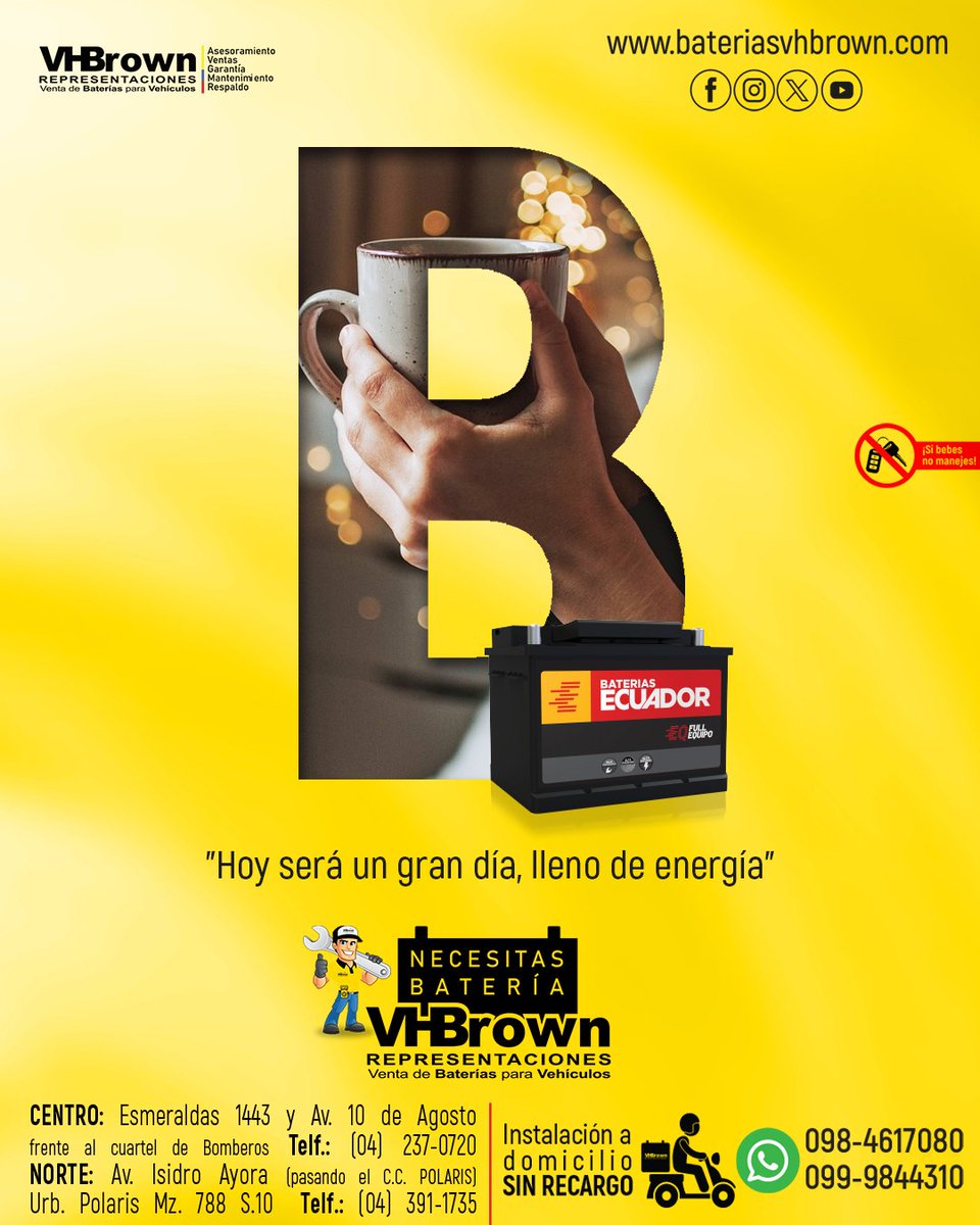 BateriasVHBROWN's tweet photo. #Buendia empecemos llenos de energía

Si necesitas #batería piensa en #VHBROWN y #NoTeQuedesBotado 

#Guayaquil #Samborondon #ViaALaCosta https://t.co/xY6DWBZUHv