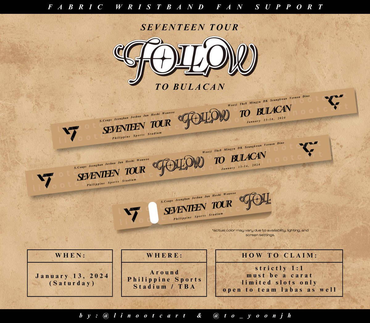 ˙𓆩♪⛧₊˚seventeen tour #FOLLOW_TO_BULACAN˚₊⛧♪ 𓆪˙

fabric wristband fan support by <a href="/linootcart/">mitch ☯︎</a> &amp; <a href="/to_yoonjh/">k. ๋࣭ ⭑</a>

╰ like &amp; rt to spread!
╰ strictly 1:1, lim qtys
╰ not open for trades
╰ following is optional
╰ will post updates on d-day

see you all! ☻

#followtobulacan