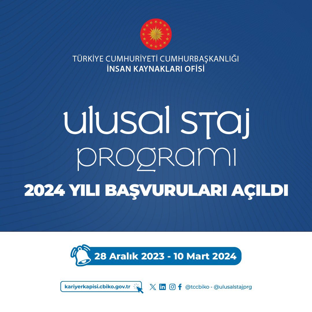 #UlusalStajProgramı 2024 yılı başvuruları başladı! Hemen başvur, sen de kariyerin için bir adım at. #SeninİçinSeferbiriz! <a href="/tccbiko/">T.C. Cumhurbaşkanlığı İnsan Kaynakları Ofisi</a> <a href="/ulusalstajprg/">Ulusal Staj Programı</a> Başvuru Linki: kariyerkapisi.cbiko.gov.tr  Son Başvuru Tarihi: 10 Mart 2024