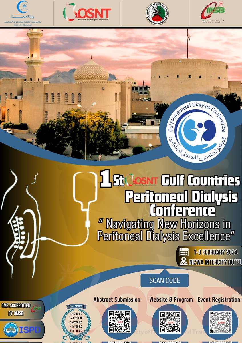 OSNT_Oman's tweet photo. We are glad to see you again in the “1st Gulf Peritoneal Dialysis Conference” which will be held in Nizwa city - Oman, from 1-3 February 2024. The conference venue is Intercity hotel, Nizwa. 
For registration >> https://t.co/dUpQBOrxTz
 for website >> https://t.co/FhkYEmEW5Q https://t.co/Dc4hLGomJ4