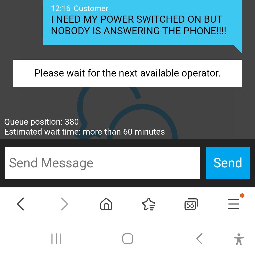 RickyGleeson's tweet photo. @UtilitaEnergy what the actual?!!

My house is without power solely because nobody can answer the phone. I spent an hour on the phone thos morning with a man from africa who could barely speak english and now I'm position 380 in the queue. https://t.co/yuqWfEimqU