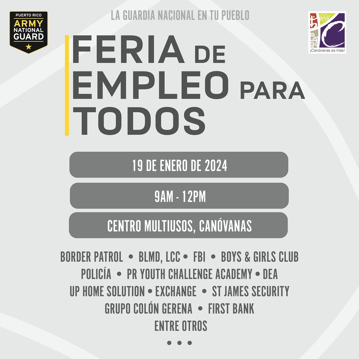 PRNationalGuard's tweet image. ¡Te esperamos en nuestra feria de trabajo!
Descubre oportunidades laborales y conéctate con empleadores destacados.

👉¡No faltes! 
 
#prguard #feriadeempleo #goguard