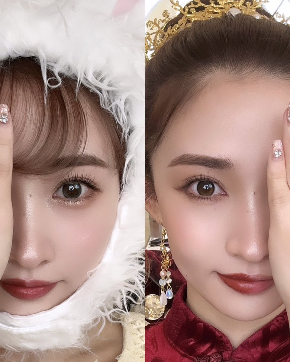 メイクで変わる印象変化😎

←可愛い系童顔に見せたい時🐰
・目は涙袋とまつ毛で縦幅意識
・チークは頬中心に丸く
・眉毛は並行気味に
・目頭にラメでウルウルに

→綺麗系大人っぽく見せたい時🐉
・目は切開ラインなどで横幅意識
・シェーディングで骨格強調
・チークは頬骨に
・眉毛は少し山作る