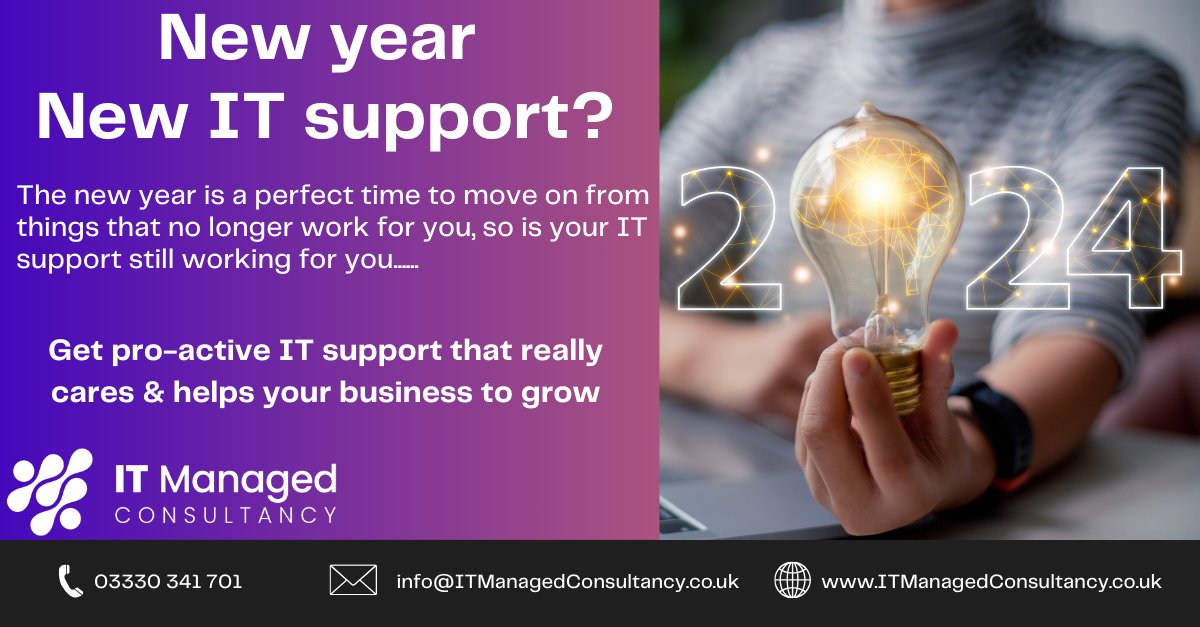 Is it time to change your IT Support? If your IT support isn't working for you, let us give you a fresh perspective in 2024. With our 24x7x365 support and cyber security pro-active monitoring, maybe its time to rethink your IT. Make this your year of success with IT that cares.