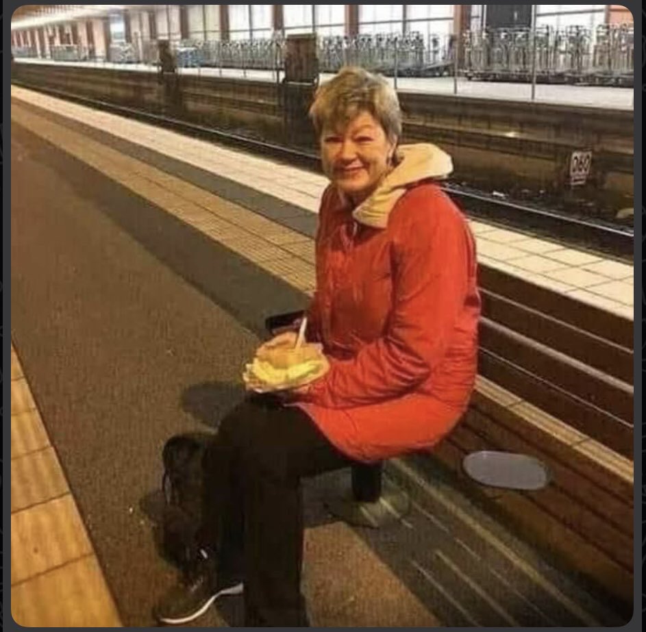 A Swedish citizen waiting for the train to return home immediately after leaving work.She has bought a burger for her dinner.This is her picture after being asked to pose for a photo.The name of this citizen is Elva Johansson and her job is Minister of Labor in Sweden.She has no