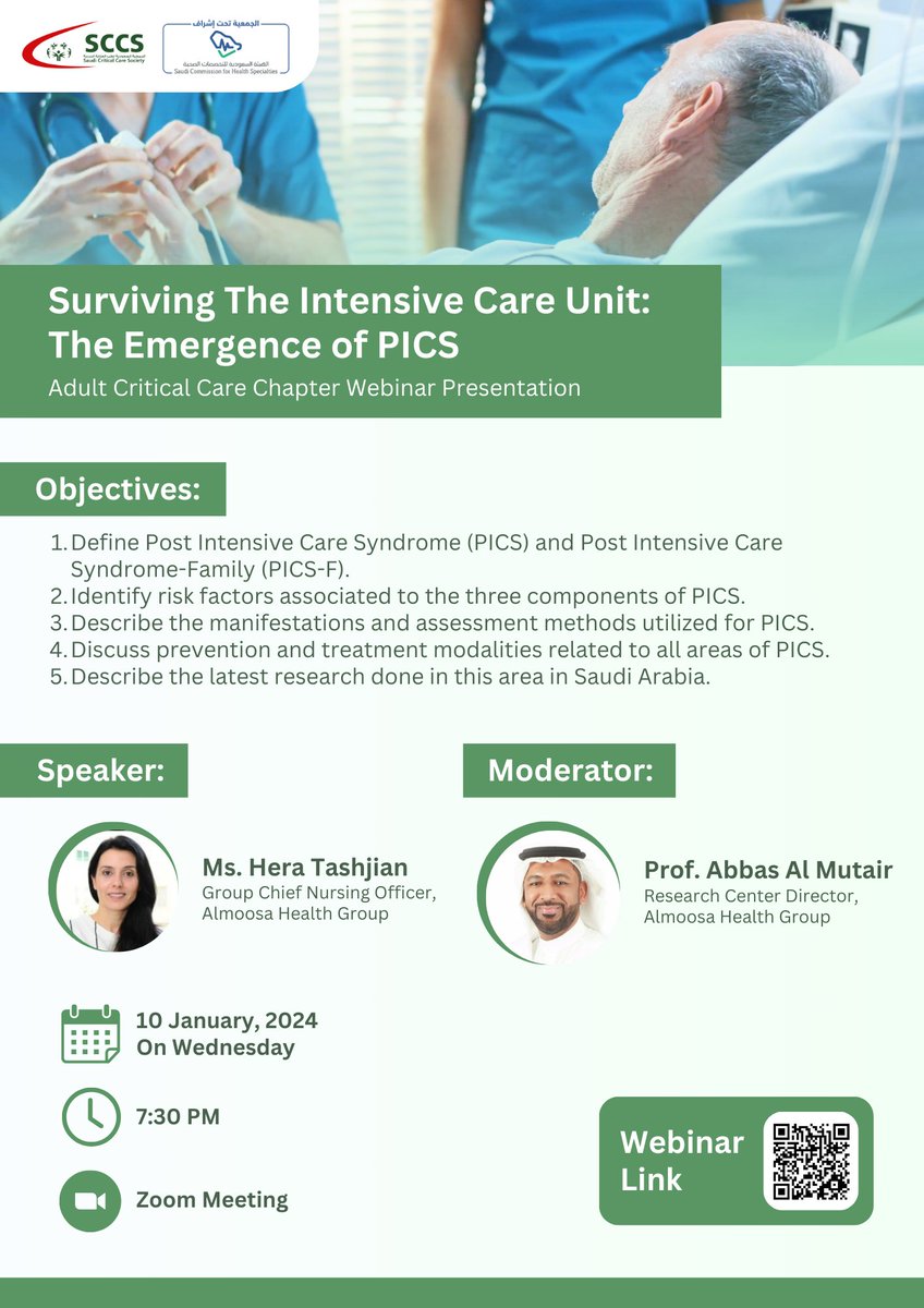 Surviving the ICU and Navigating the Emergence of PICS. 🌟 #ICUSurvivors #PICSawareness"

Topic: Surviving the Intensive Care Unit: the emergence of PICS.
Time: Jan 10, 2024, 07:30 PM Riyadh

Join Zoom Meeting
us02web.zoom.us/j/88579251109?…

Meeting ID: 885 7925 1109
Passcode: 508041