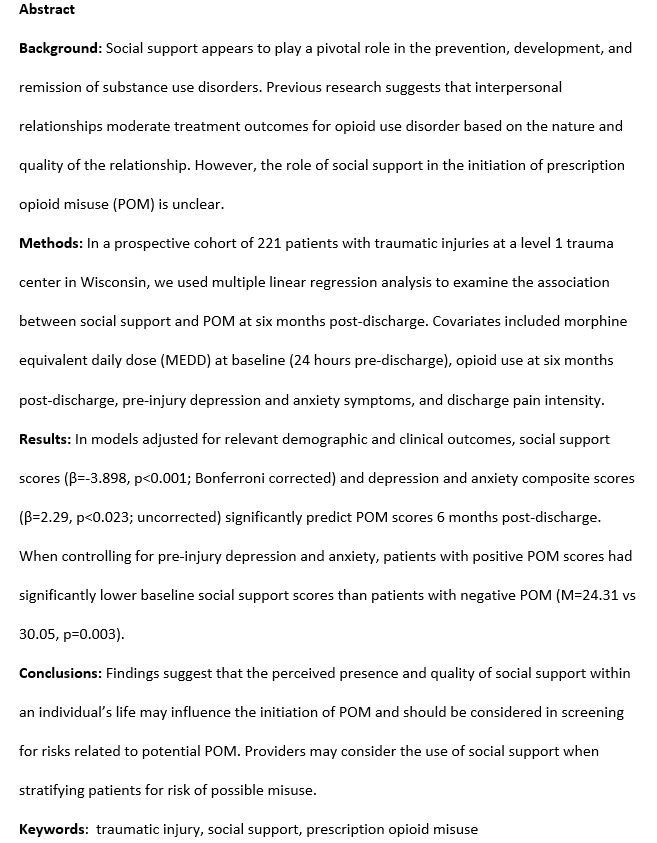 “Social appraisal and belonging as protective factors against prescription opioid misuse following traumatic injury” by Amelia Baltes (@UWMadison), David Horton, Julia Malicki, Hannah Muller, Alyssa Tilhou, Randall Brown, & Christopher Nicholas #accepted