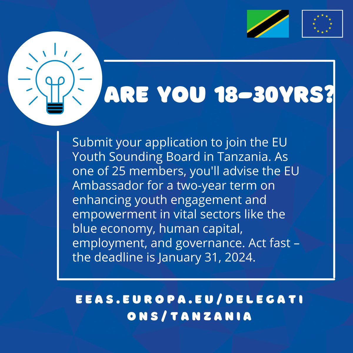 EUinTZ's tweet photo. 🌟 Exciting opportunity for Tanzanian youth (18-30) to join the EU Youth Sounding Board! Shape the future in crucial sectors like the blue economy, human capital, and governance. 🌍 Apply by 31 Jan 2024 for a 2-year term. 📅

👉🏽👉🏽https://t.co/e3msswIMwc https://t.co/z8LYnpDmTP
