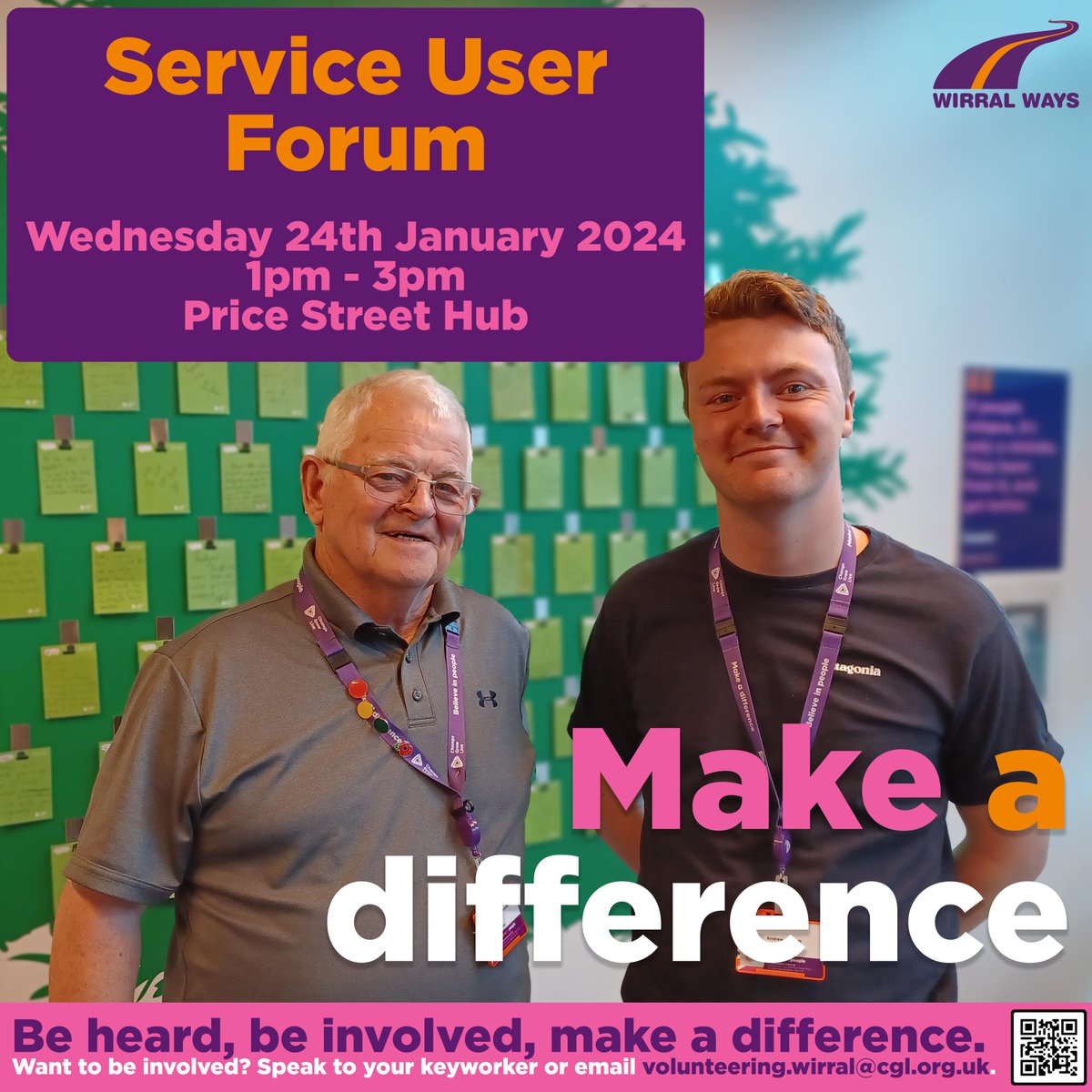 WirralWays_CGL's tweet photo. 📣Join our Service User Forum:

📅 Wed, Jan 24, 2024
🕐 1-3 PM
📍 Price Street Hub

Voice your ideas, shape our future, and co-create in dynamic workshops. 

Questions? DM us or email volunteering.wirral@cgl.org.uk.

 #WirralWays #ServiceUserForum #CommunityImpact https://t.co/4G2orgmzsR
