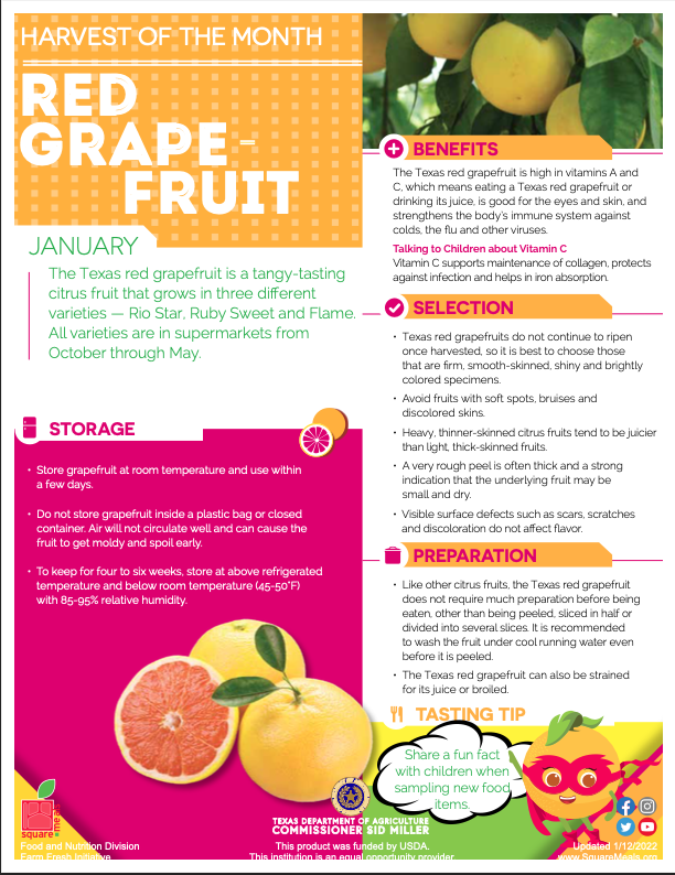 CafeSISD's tweet photo. Our "Harvest of the Month" for January is red grapefruit. Students will be treated to a red grapefruit surprise on January 19th. #ChildNutrition #ServeNourishEnrich #1TRIBE #SISD #HOTM https://t.co/oMQYhEU7Q5