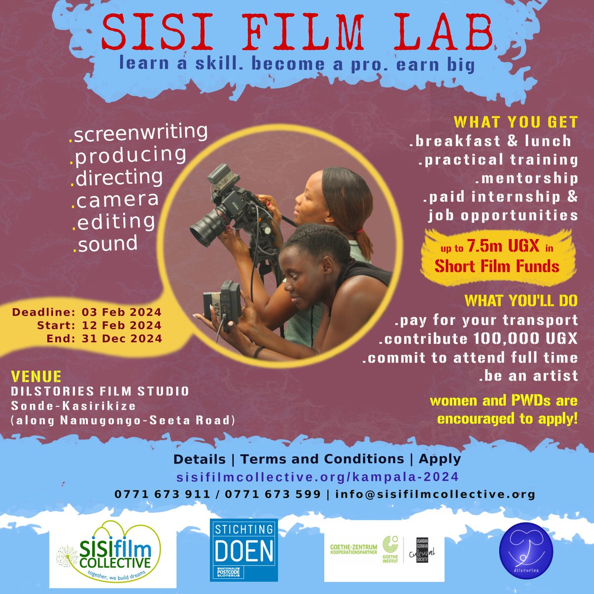 Want to make films? Sisi Film Lab is an intensive course designed to give you skills and techniques to excel as a filmmaker. Train on professional equipment, get paid intership opportunities, and funds for short films. For details, please visit sisifilmcollective.org/kampala-2024/