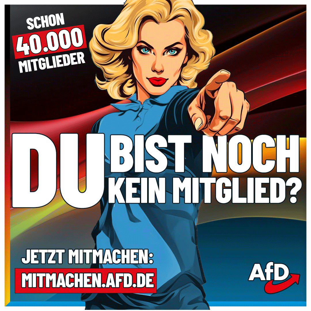 Schon 40.000 #AfD-Mitglieder: Machen Sie auch mit!
 
Toller Jahresbeginn für unsere AfD: Am heutigen 2. Januar hat die Mitgliederzahl erstmals die 40.000-Marke geknackt. Mit insgesamt 40.131 Mitgliedern hat sich die AfD-Familie gegenüber dem Vorjahr um satte 37 Prozent