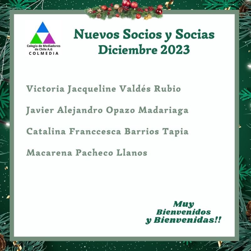 Damos una cordial bienvenida a todos los Mediador@s que se incorporaron durante el mes de diciembre. 

Muy bienvenidos/as al Colegio de Mediadores de Chile . 

Si estás interesado/a en ser parte, coméntanos o mándanos un mensaje interno para mandarte los pasos a seguir.