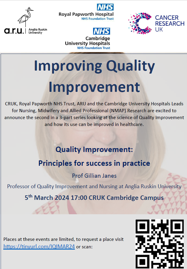 CUH Nurse, Midwife & AHP Research (@cuh_nmaresearch) on Twitter photo Just 2 months until our next Improving Quality Improvement event with <a href="/AngliaRuskin/">ARU</a> <a href="/RoyalPapworth/">Royal Papworth Hospital NHS FT 💙</a> and <a href="/CRUKCambridge/">CRUKCambridge</a>. The fantastic <a href="/DrGillianJanes/">Prof. Gillian Janes</a> speaking about "Principles for Success in Practice". To apply for a free place: tinyurl.com/IQIMAR24 Just 2 months until our next Improving Quality Improvement event with <a href="/AngliaRuskin/">ARU</a> <a href="/RoyalPapworth/">Royal Papworth Hospital NHS FT 💙</a> and <a href="/CRUKCambridge/">CRUKCambridge</a>. The fantastic <a href="/DrGillianJanes/">Prof. Gillian Janes</a> speaking about "Principles for Success in Practice". To apply for a free place: tinyurl.com/IQIMAR24