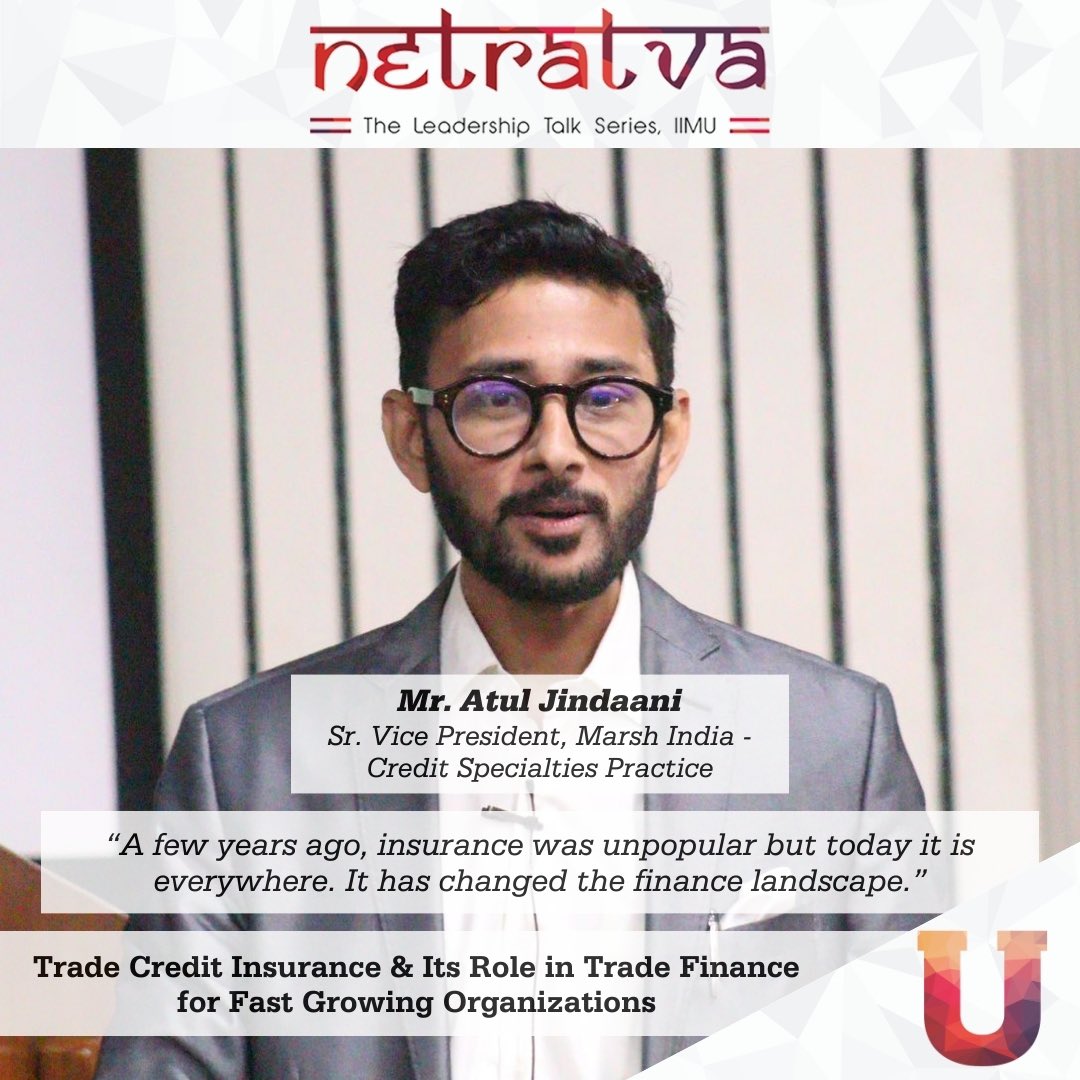 IIM_Udaipur's tweet photo. #IIMUdaipur was elated to host Mr. Atul Jindaani, Sr. Vice President & Trade Credit Practice Leader, Marsh India, for the latest session of #Netratva - The #Leadership Talk Series held on December 27th, 2023. He shared his insights on the topic of Trade Credit Insurance.
#MBA https://t.co/GLNiZ01Zin