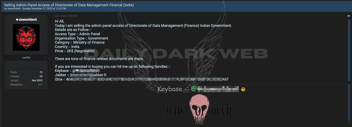 #India 🇮🇳 - Allegedly, Unauthorized admin panel #access to Directorate of Data Management (Ministry of Finance) of Indian Government is on sale Price: $2000 #DarkWeb