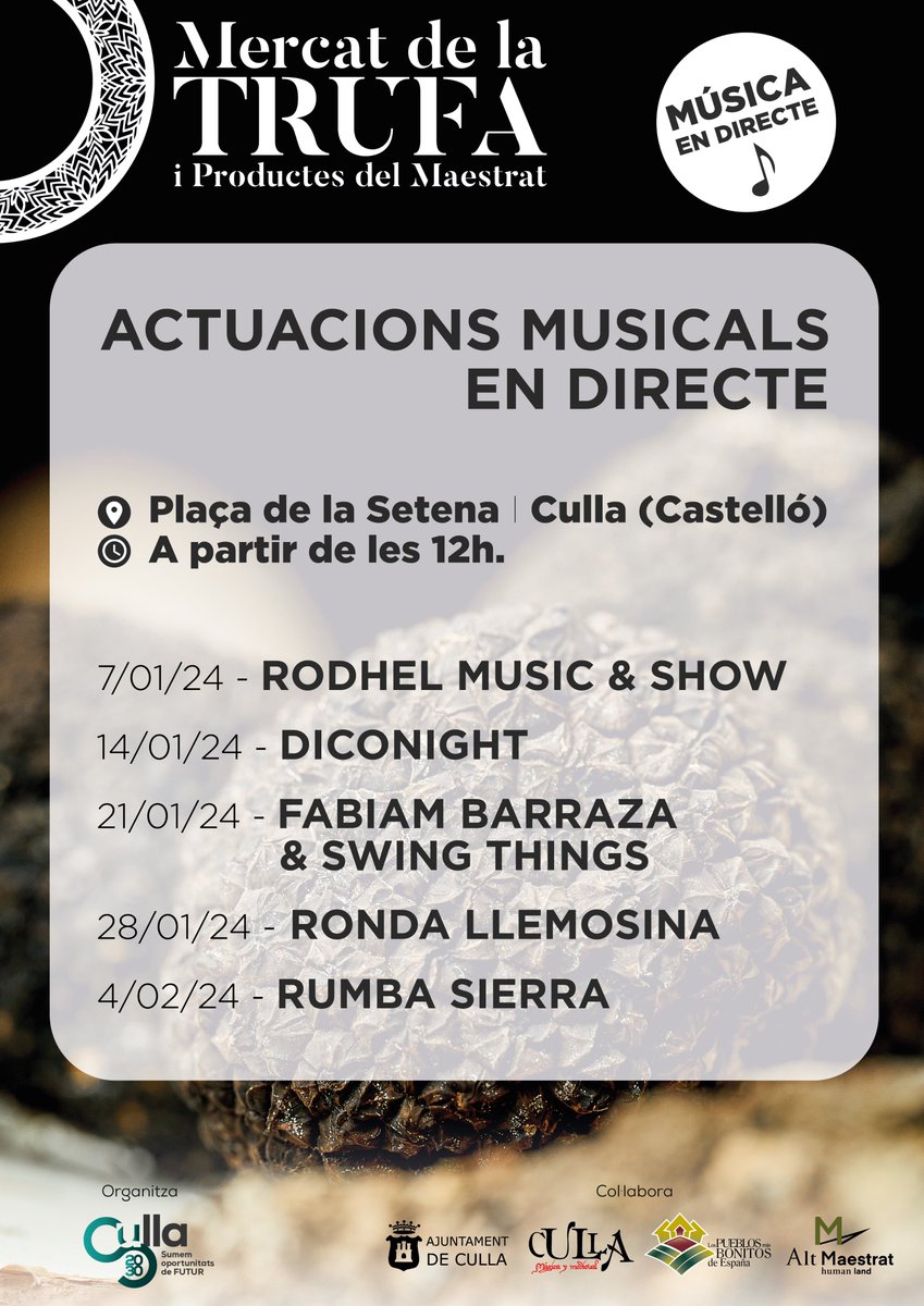 ✅ El 'Mercat de la Trufa i productes del Maestrat' comienza 2024 anunciando nuevas actuaciones de MÚSICA EN DIRECTO 🎸🎷🥁 cada domingo. Estos son los grupos con los que podrás disfrutar, en las próximas semanas, si nos visitas.