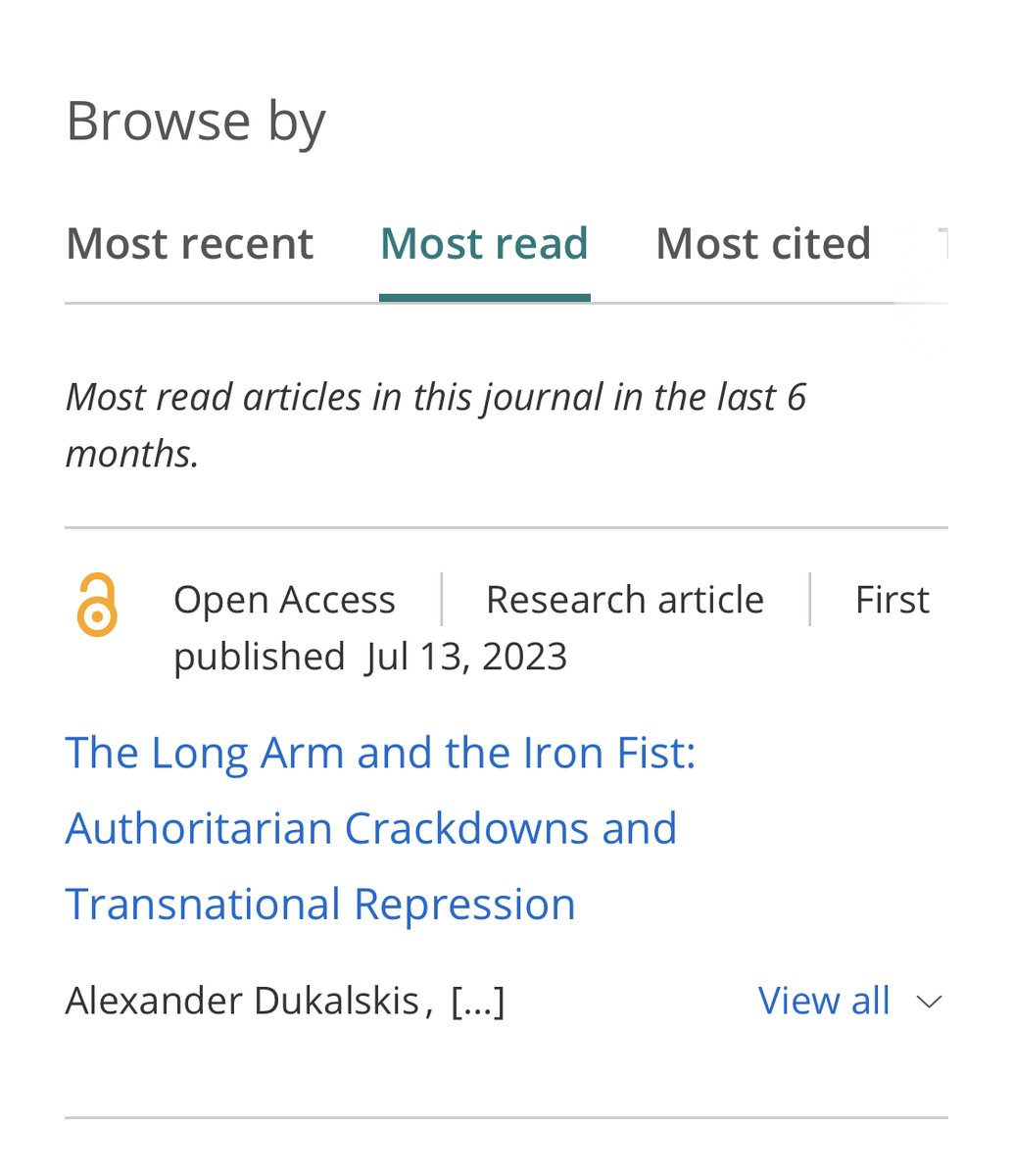 Cool to see that this article by me @s_furstenberg @S_Hellmeier & @red_scales is the most read piece in the last 6 months at the Journal of Conflict Resolution. If you're interested in transnational repression check it out here open access: journals.sagepub.com/doi/10.1177/00…
