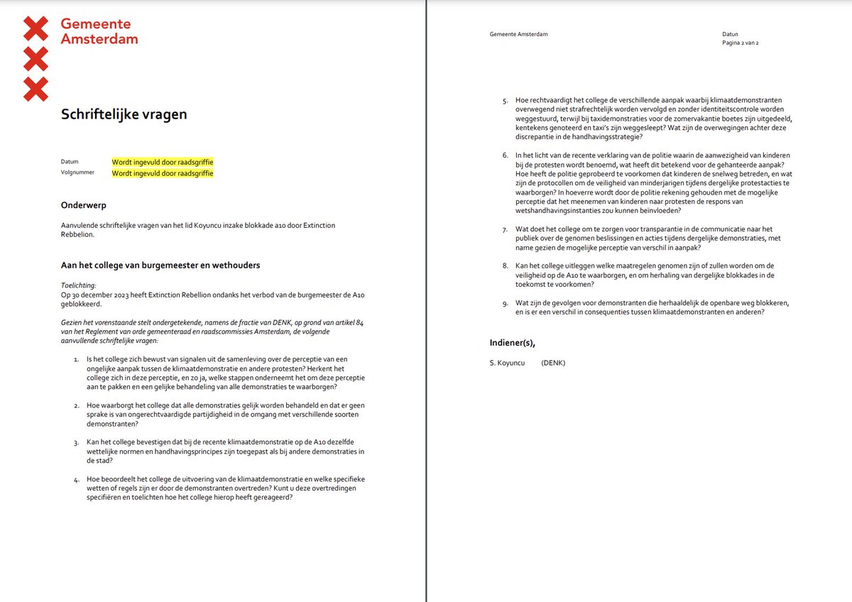 Zojuist vragen gesteld aan het college over de aanpak van de #ExtinctionRebellion blokkade op de A10 afgelopen zaterdag. 
Transparantie en gelijke behandeling bij demonstraties zijn cruciaal voor onze democratie. Ik kijk uit naar de antwoorden. #Amsterdam #Democratie