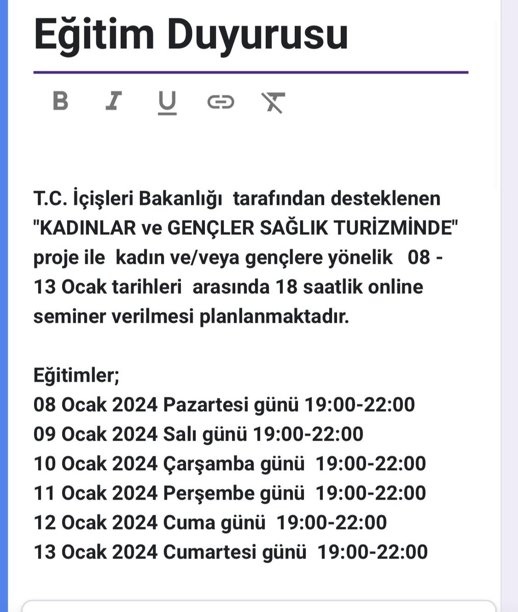 T.C. İçişleri Bakanlığı  tarafından desteklenen "KADINLAR ve GENÇLER SAĞLIK TURİZMİNDE"  proje ile  kadın ve/veya gençlere yönelik   08 - 13 Ocak tarihleri  arasında 18 saatlik online seminer verilmesi planlanmaktadır. docs.google.com/forms/d/1Dov0Y…