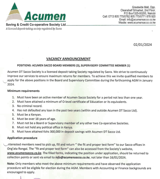 acumen_sacco's tweet photo. There are vacancies in the board &amp; supervisory committee. To apply, visit our office or website and fill the application forms. For more details call 0713805770. https://t.co/6ksLXyZc8w