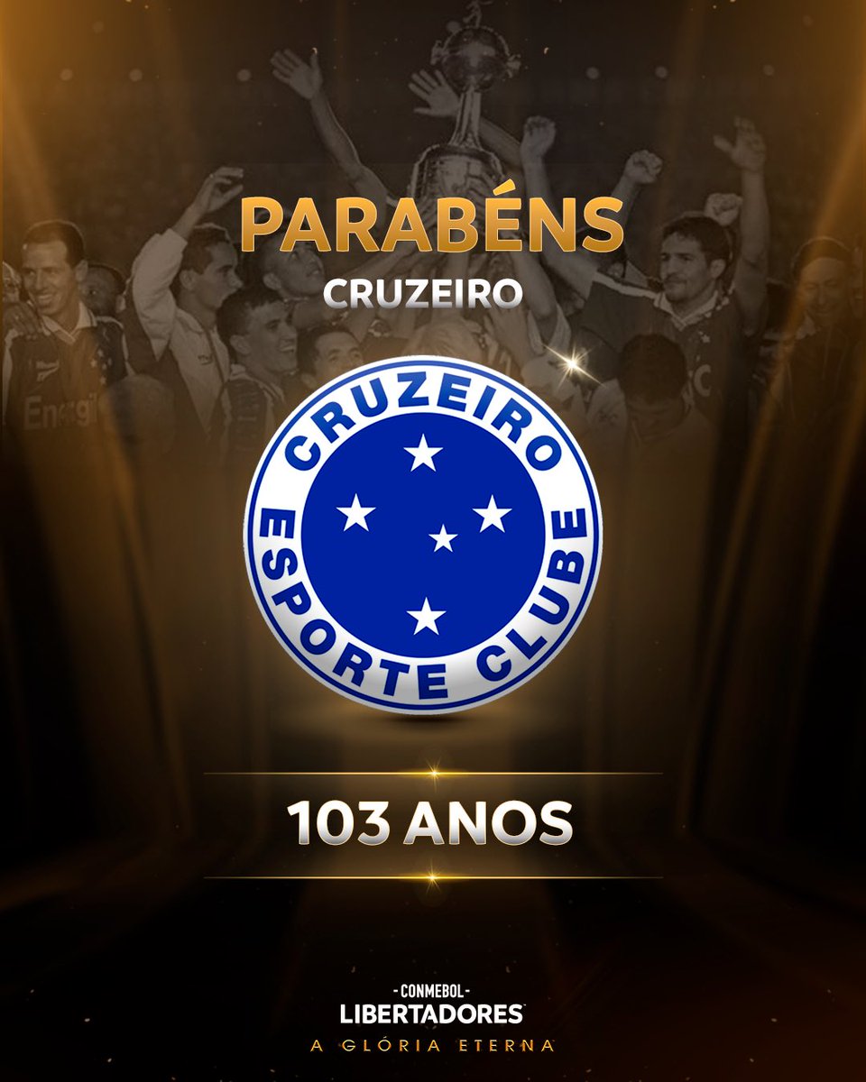 🎶 Existe um grande clube na cidade… 🎶

🔵⚪️ Feliz aniversário, @cruzeiro, bicampeão da CONMEBOL #Libertadores! 

🌟 #GloriaEterna
