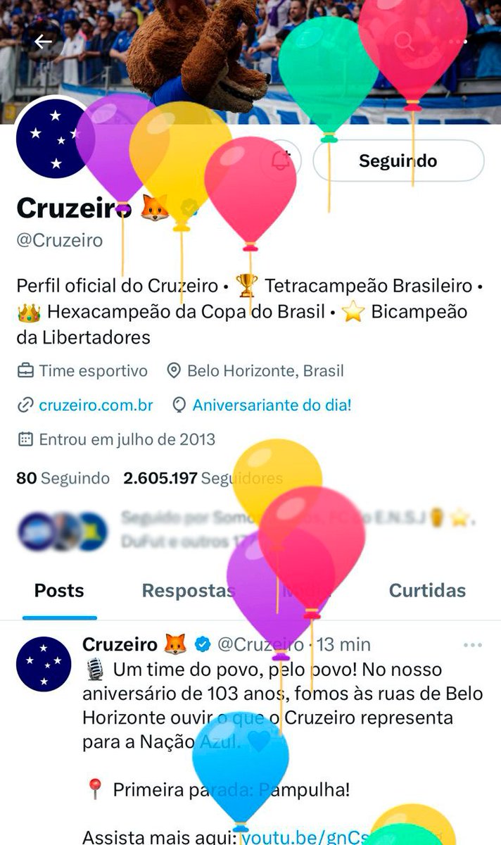 Cruzeiro's tweet photo. 🎈Subiu o balão! Vamos colocar a tag #Cruzeiro103Anos nos trending topics, Nação? https://t.co/MAkLhI1RUv