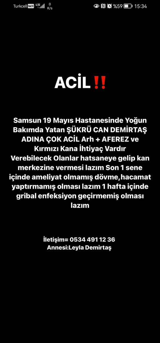 Aminenur1012's tweet photo. Merhaba, çok acil bir hastamız için kana ihtiyaç var. Nolur yardım edin. Samsun 19 Mayısta yatıyor. @haluklevent @ahbap @Ahbap_iletisim @ahbapacil @ahbap_uni @ahbapicanadolu @ahbapkaradeniz @ahbap_marmara @ahbap_cevre @Ahbap_Medya https://t.co/uhQHgXpXkW