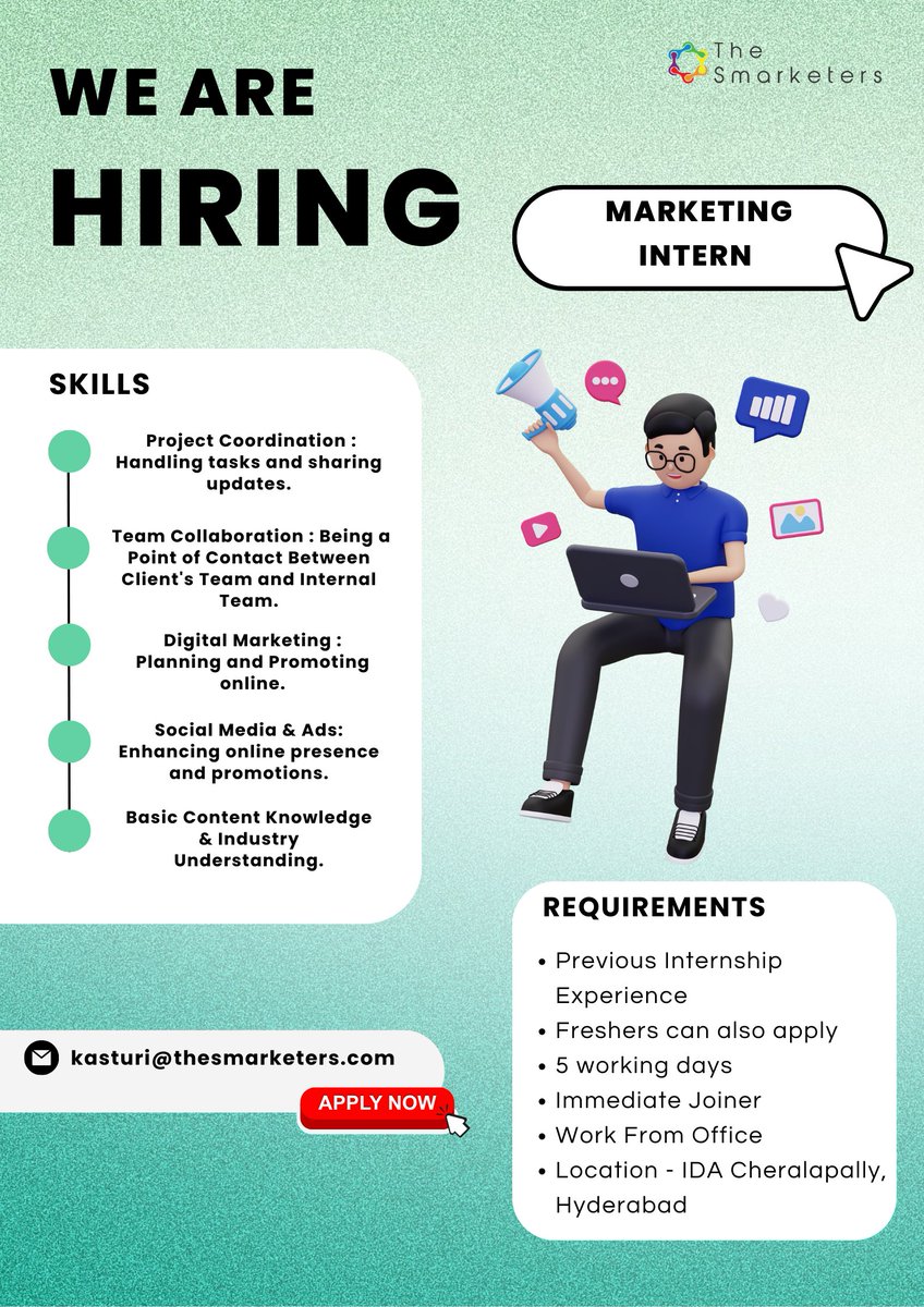 Fuel your passion for marketing with hands-on experience!

We're on the lookout for an energetic intern to join our B2B-focused team. Send your resumes to kasturi@thesmarketers.com today!

#HiringInterns #MarketingOpportunity #InternshipOpening #HiringNow #HyderabadJobs
