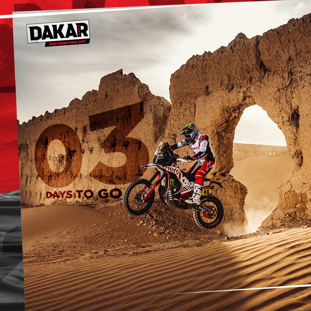 We’re all set the heart-pounding action, jaw-dropping landscapes, and unforgettable moments that will define the spirit of Dakar. Are you ready for the updates?🌟 #GearedForGlory #RaceTheLimits #Dakar2024 #DakarRally @dakar @OfficialW2RC @HeroMotoCorp @MonsterEnergy
