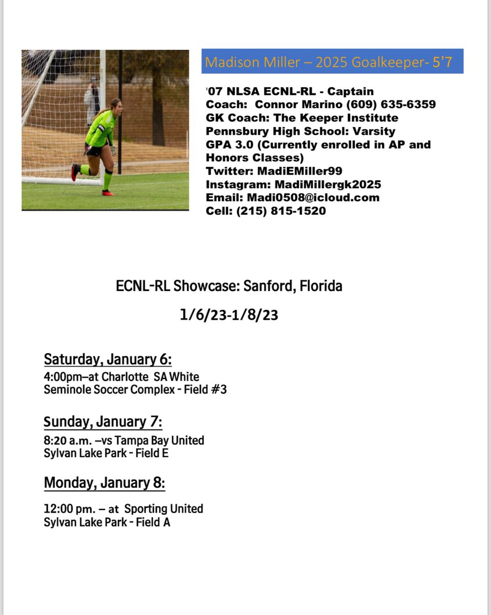 MadiEmiller99's tweet photo. In just a few days my team and I will be in Sanford, Florida for a ECNL-RL Showcase! Schedule below! @TopPreps @TopDrawerSoccer @ImYouthSoccer @SoccerMomInt @ImCollegeSoccer @TheSoccerWire  #ECNLFL #sandfordflordia #keeper #goalie https://t.co/9lj2jCW5Ai