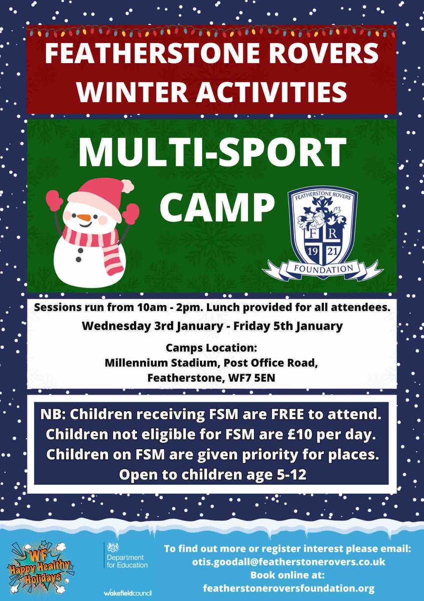 Our Winter Holiday camp is from tomorrow. Free of charge to children eligible for Free School Meals. Other places are £10 per day. 📆 03/01/24 - 05/01/24 🕒 10am - 2pm 🗺️ Millennium Stadium, WF7 5EN, Featherstone 🔗 bit.ly/24FWC #BlueWall