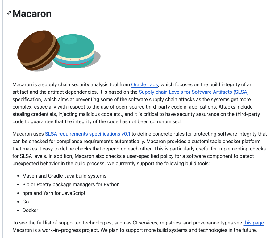 #SLSA:  #Macaron is an extensible supply chain security analysis framework from Oracle which integrates with existing #SBOM in OWASP #CycloneDX

#SoftwareSupplyChainSecurity

👇 
github.com/oracle/macaron