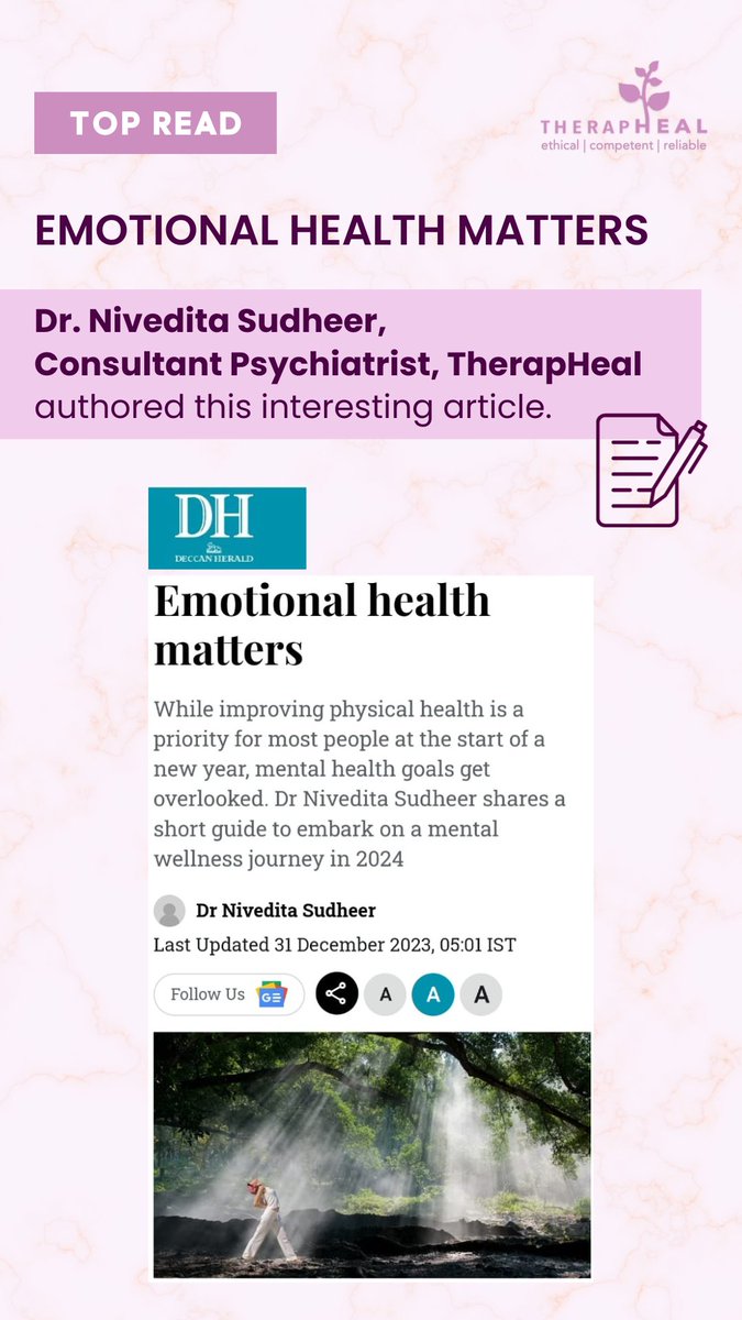 TherapHeal_mh's tweet image. Is emotional wellness on your 2024 resolutions list?

Dr. Nivedita Sudheer&apos;s article published in the @DeccanHerald explores practical steps to begin your emotional well-being journey.

To read visit 👉🏻 bit.ly/3TISWKy

#emotionalhealth #mentalwellness #topread