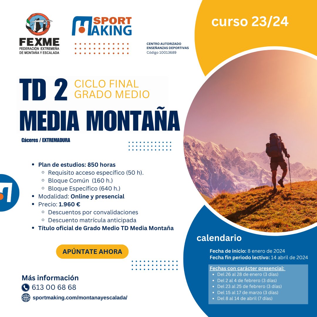 sportmaking's tweet photo. Sigue Abierto el plazo de Inscripciones  para los Técnicos Deportivos en Montaña y Escalada N2 Grado Medio Final 
https://t.co/eRpgqVsykM

Más info en: info@sportmaking.com https://t.co/bM0iJbHyEj