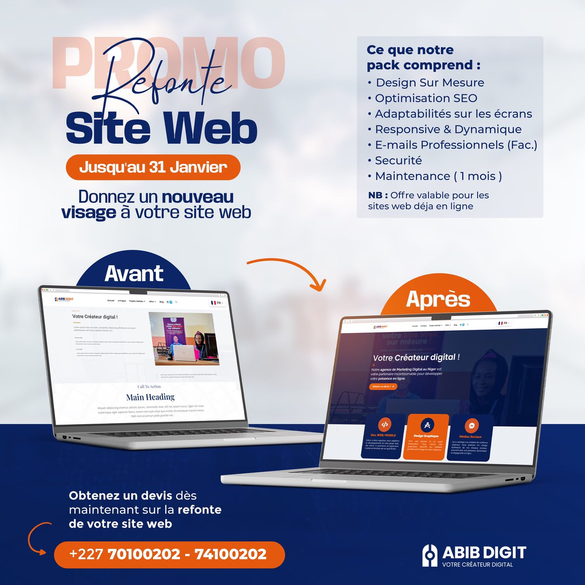 abibdigit's tweet photo. Promo Refonte SITE WEB 📲😃
Avez-vous déjà un site web, mais il ne répond pas aux normes ? Son design manque d'attrait, et vous n'avez pas trop confiance en sa sécurité ? Eh Bien welcome 🤩 ! 
•
Optimisez votre présence en ligne dès maintenant ! Profitez de notre promotion jusqu'au 31 janvier pour une refonte professionnelle de votre site web. 
•
Pour toute question supplémentaire par rapport à cette promotion contactez-nous au 70100202 📞 ! 
ABIB DIGIT, votre créateur digital 📲