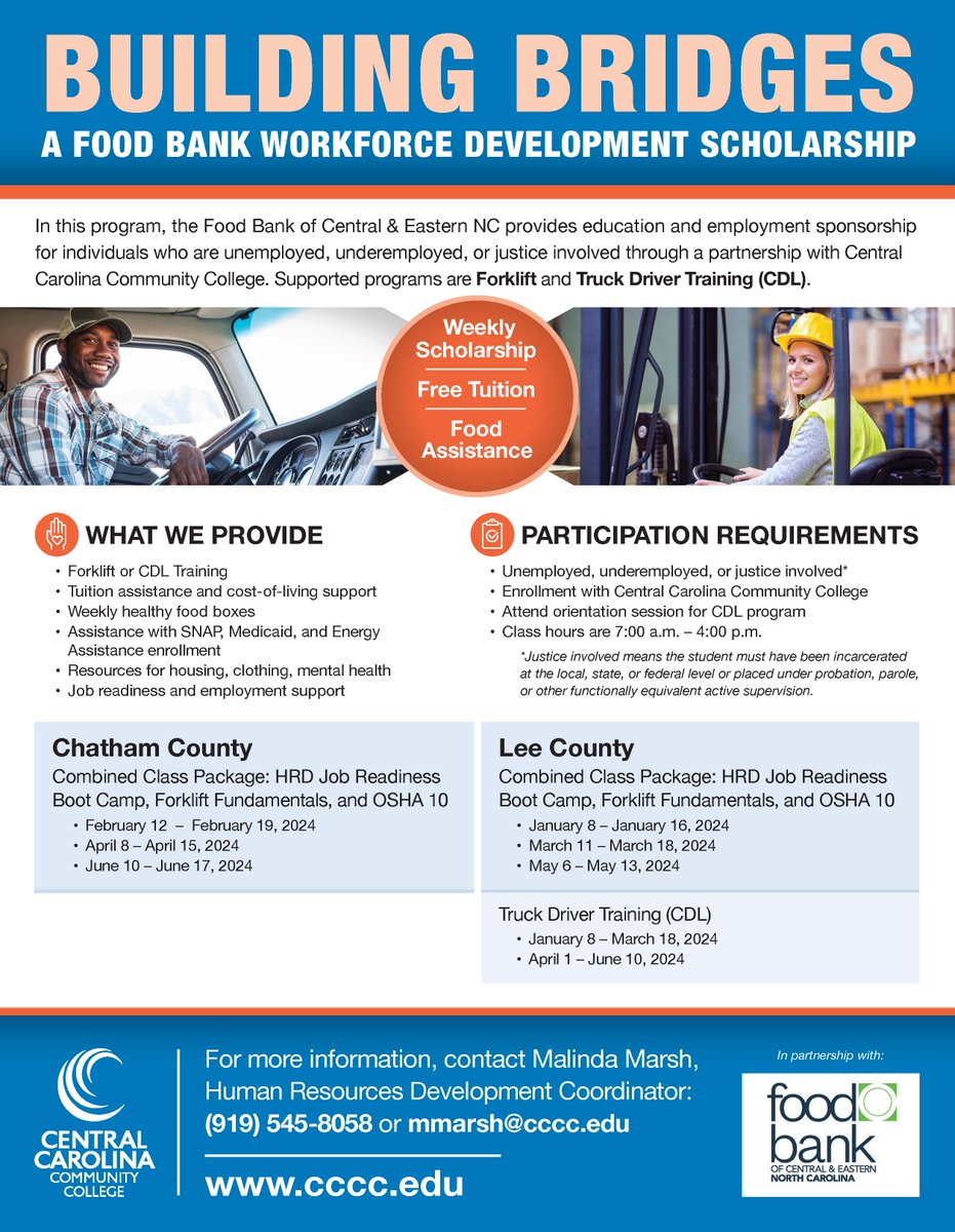 BUILDING BRIDGES In this program, the @FoodBankCENC provides education and employment sponsorship for individuals who are unemployed, underemployed, or justice involved through a partnership with @iamcccc. Contact Malinda Marsh at (919) 545-8058 or mmarsh@cccc.edu.