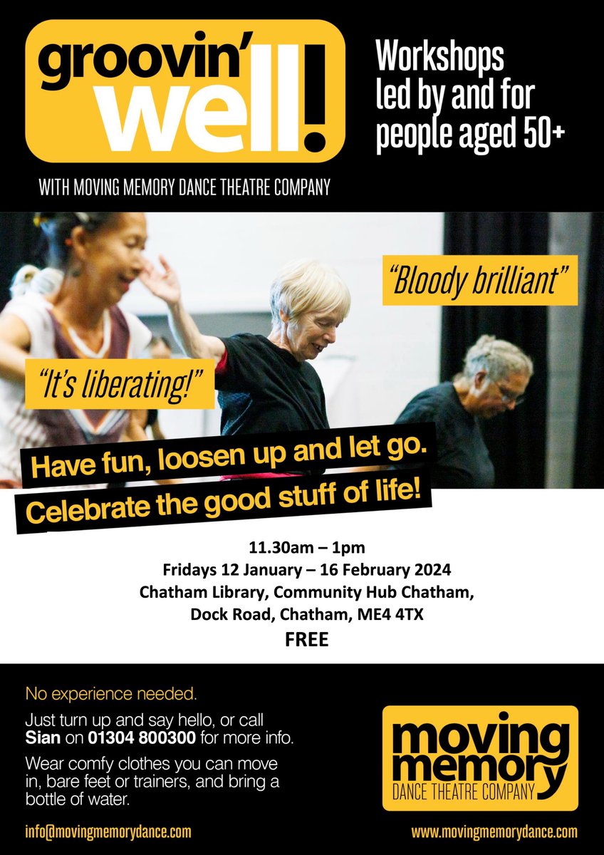 Moving Memory (@movingmemdance) on Twitter photo New Year, new Groovin Well workshops! Chatham Library with <a href="/medwaylibraries/">Medway Libraries</a> Drop-in & FREE – age 50+ dress comfy, bring water, no judgement!
#dance #ageingwell #creativeageing #healthyageing #ageingsociety #chathamkent
<a href="/creativemedway/">Creative Medway</a> <a href="/Active_Kent/">Active Kent & Medway</a> <a href="/medway_council/">Medway Council</a> <a href="/MedwayArts/">Medway Arts</a> New Year, new Groovin Well workshops! Chatham Library with <a href="/medwaylibraries/">Medway Libraries</a> Drop-in & FREE – age 50+ dress comfy, bring water, no judgement!
#dance #ageingwell #creativeageing #healthyageing #ageingsociety #chathamkent
<a href="/creativemedway/">Creative Medway</a> <a href="/Active_Kent/">Active Kent & Medway</a> <a href="/medway_council/">Medway Council</a> <a href="/MedwayArts/">Medway Arts</a>