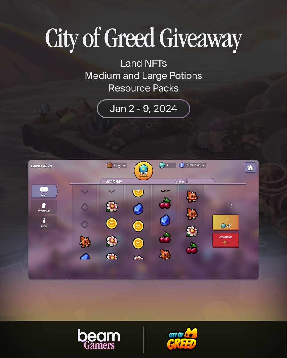 BeamGamers's tweet photo. 🎰🎉 CITY OF GREED GIVEAWAY 🎉🎰

We're starting 2024 with exciting events from our friends at @nekoverse_gg!

Get a chance to win Land NFTs, Potions, and Resource Packs by joining our quests! Check out https://t.co/nXQ00nQ9js 🤩🎁

Gear up for a week filled with fun activities and amazing giveaways!

🔹🔹🔹🔹🔹

JANUARY 2
🎁 5 Uncommon Land NFTs

✅ Go to https://t.co/mWQh1mrVeT and accomplish the tasks
✅ Join https://t.co/h2xhX47ssA and https://t.co/vU2zvAk1e5
✅ Like and repost this post
✅ Reply to this post with your City of Greed gameplay clip

🔹🔹🔹🔹🔹

JANUARY 3-9
🎁 Potions, Resource Packs, Land NFTs

✅ Accomplish the Training Tasks in the game

🔹🔹🔹🔹🔹

JANUARY 4
🎁 USD 💵

✅ Game Night: NekoYear Showdown - vote for your favorite Champion!

🔹🔹🔹🔹🔹

JANUARY 9
🎁 3 Rare Land NFTs

✅ Game Night: Compete in our Discord and get the most profit!

🔹🔹🔹🔹🔹

What are you waiting for? Bring truckloads of luck and skill, play with us, and join our vibrant gaming community now! 🟠