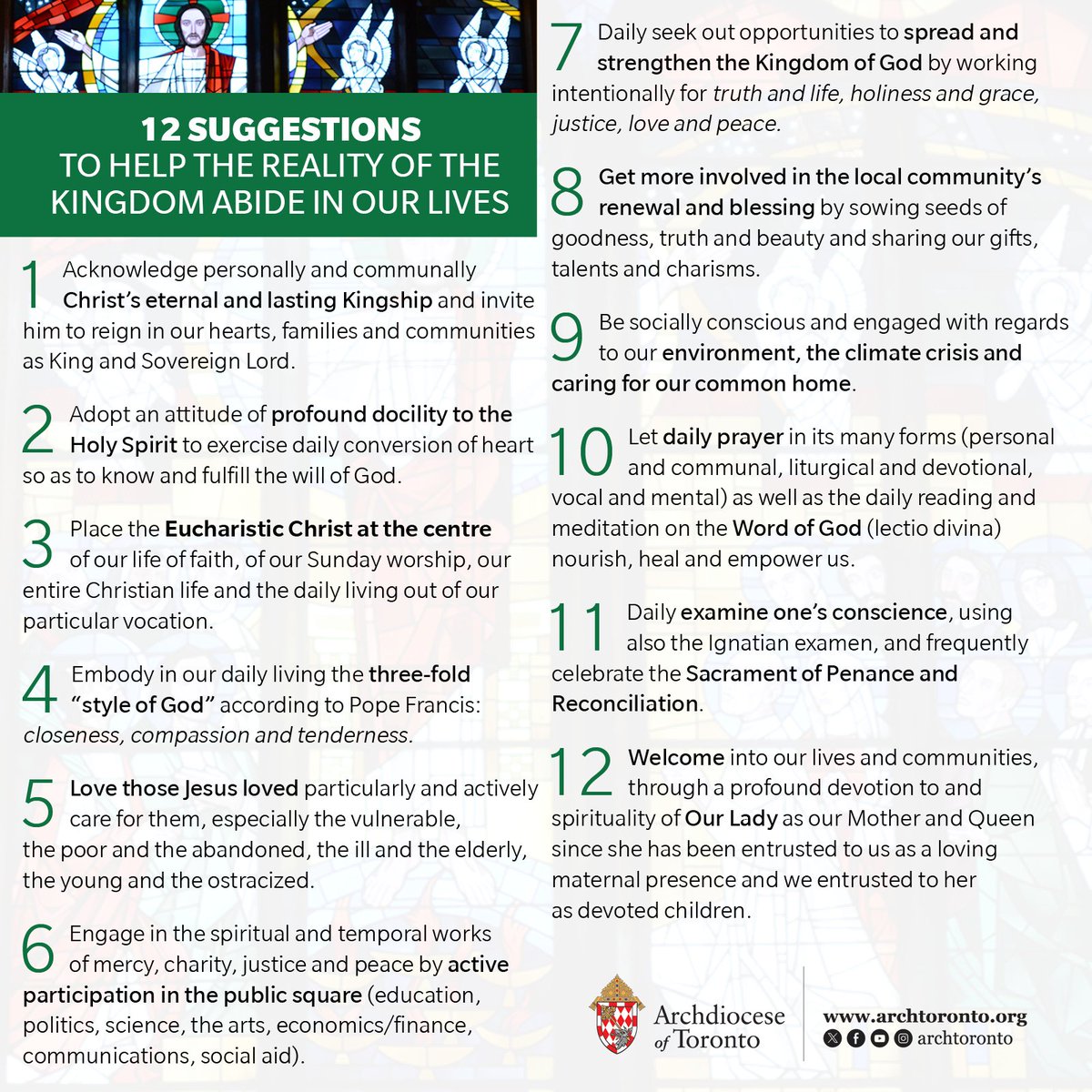 As we begin a new year, here are 12 suggestions from Archbishop Francis Leo to help the reality of the Kingdom abide in our lives - one for each month of the year!

Read the full pastoral letter at bit.ly/KingdomPDF #catholicTO
